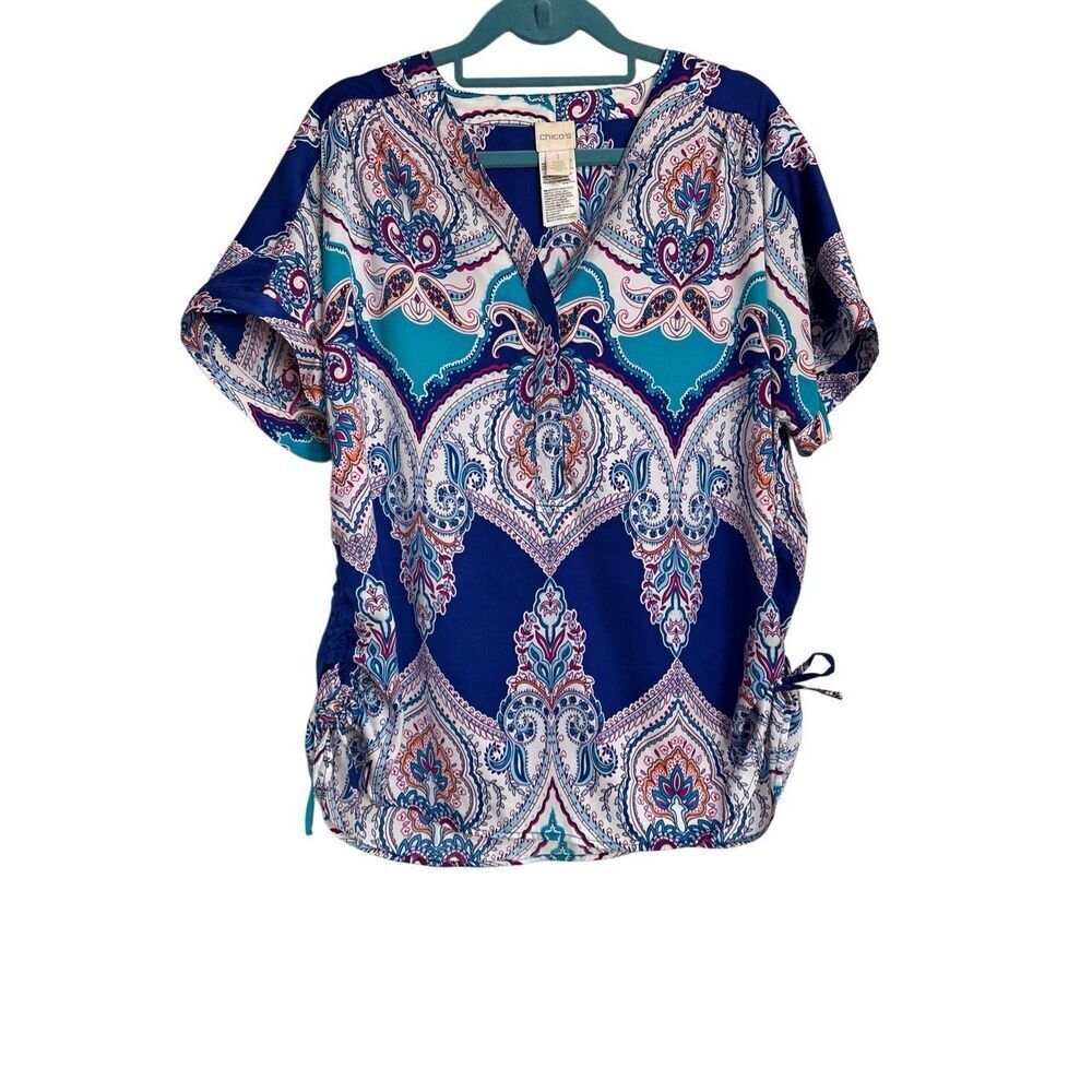 Chicos Top Womens Size 1 Blue Paisley Print Short Sleeve Drawstring Boho Stylish